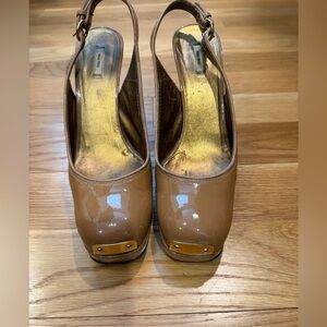 Miu Miu Camel Patent Leather Platform Slingback Pumps with Gold Accent